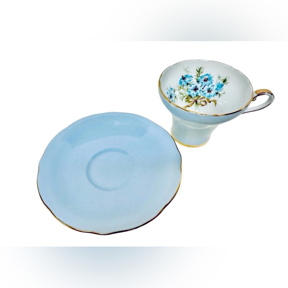 Aynsley England Vintage 50's Blue Bone China #26 Nigella Flower Tea Cup & Saucer - Picture 16 of 16
